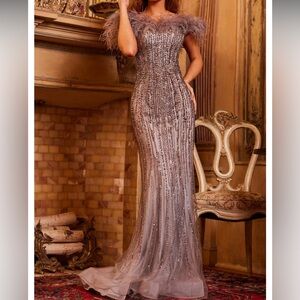 Jovani 24056 Grey Multi Beaded Off the Shoulder Dress